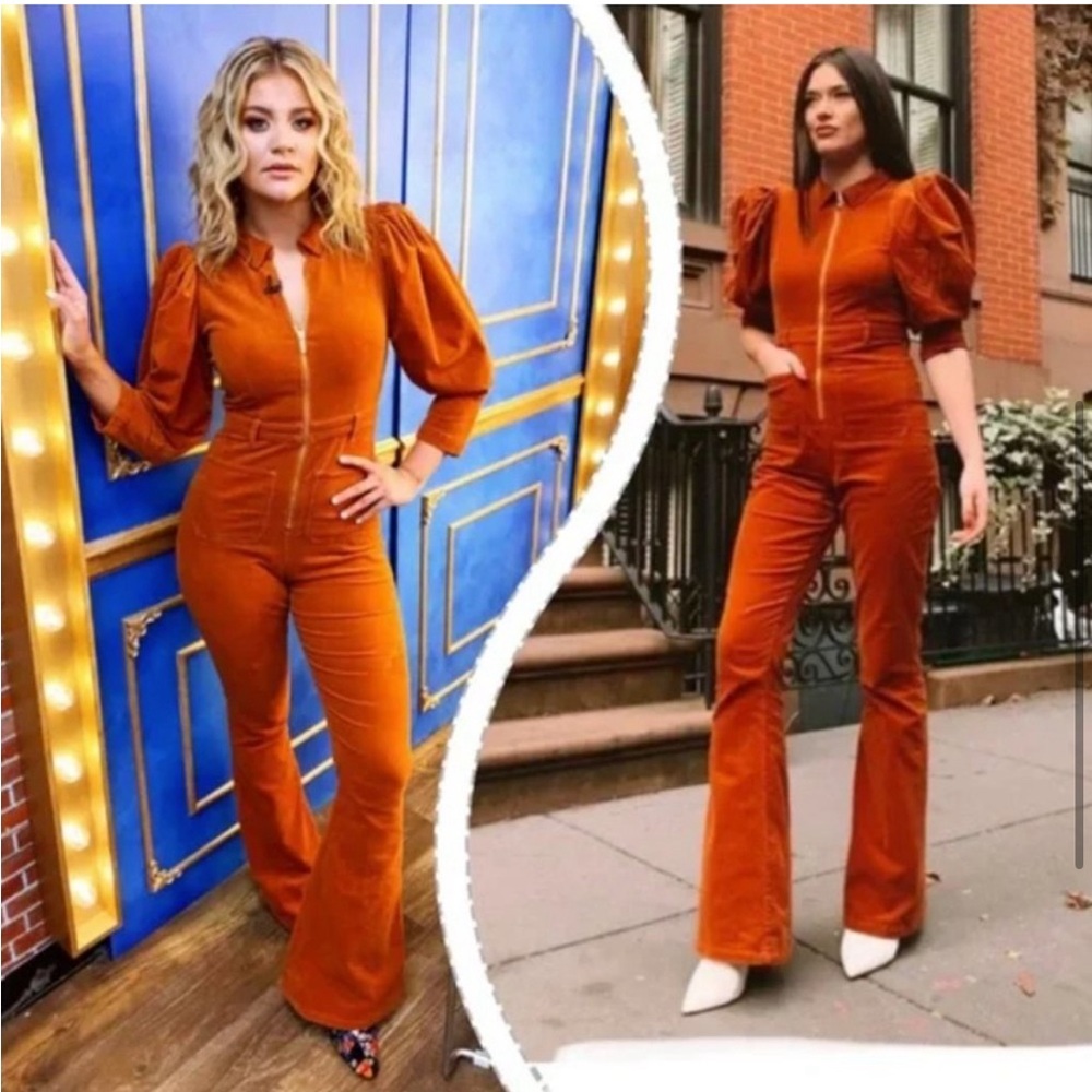 WeWoreWhat 70's Corduroy Jumpsuit Puff Sleeves Flare Legs Retro Y2K Orange, XS